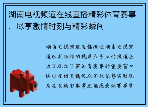 湖南电视频道在线直播精彩体育赛事，尽享激情时刻与精彩瞬间