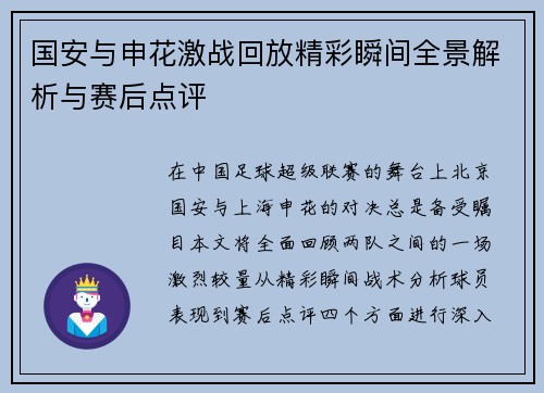 国安与申花激战回放精彩瞬间全景解析与赛后点评